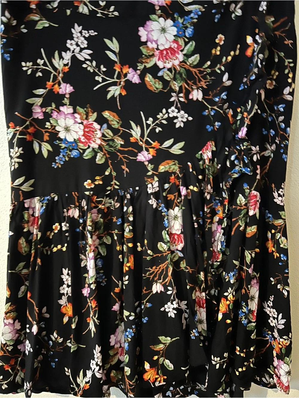 Black Floral Midi Skirt with Ruffle Hem